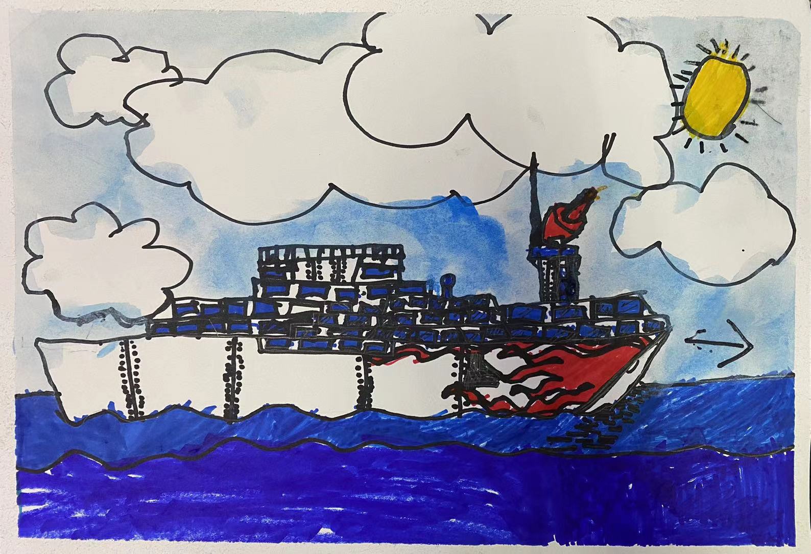Marker and watercolor painting of a container ship with red flame livery sailing under a smiling sun and outlined clouds