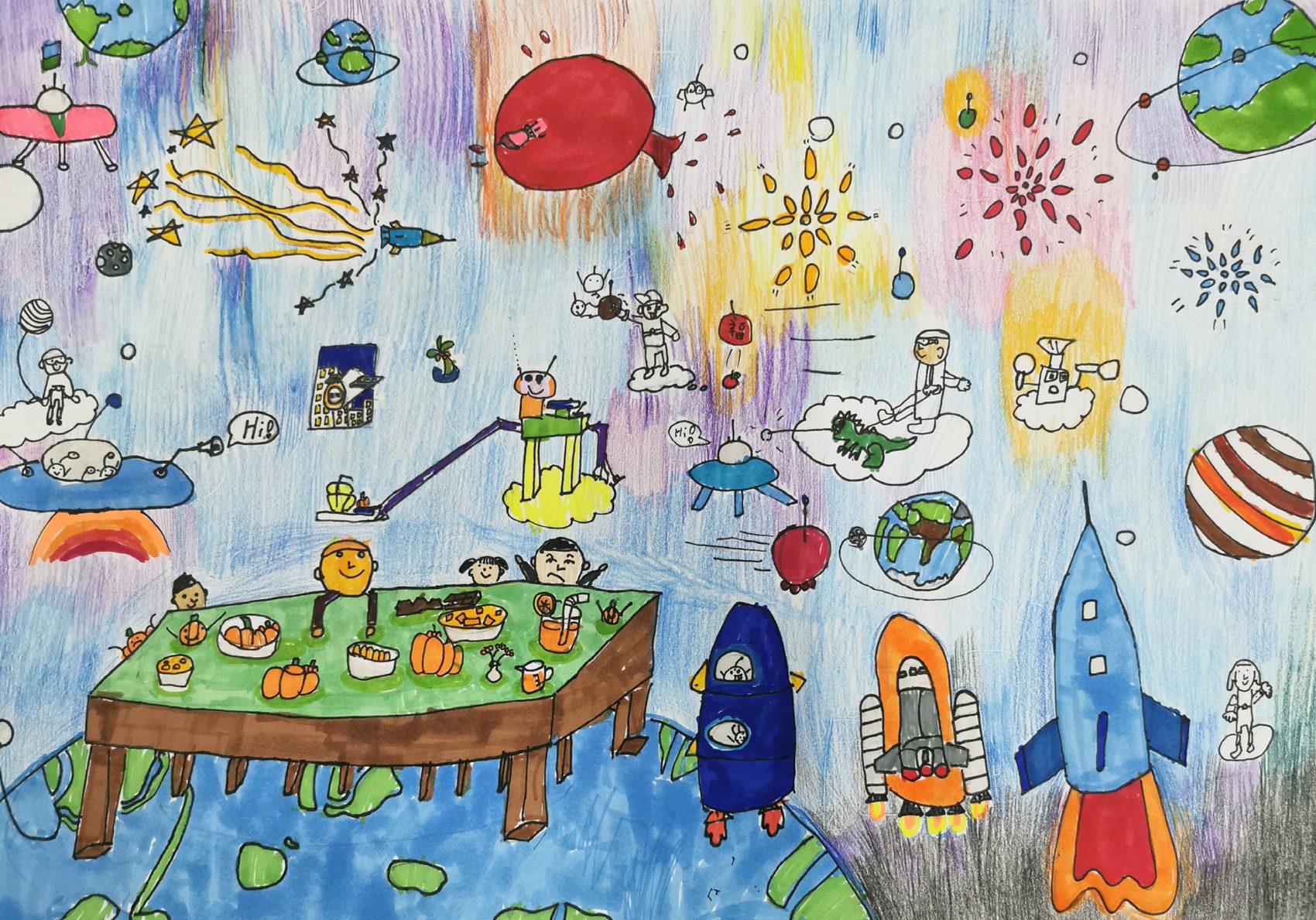 Marker and colour-pencil illustration of astronauts sharing a feast at a long table floating in space