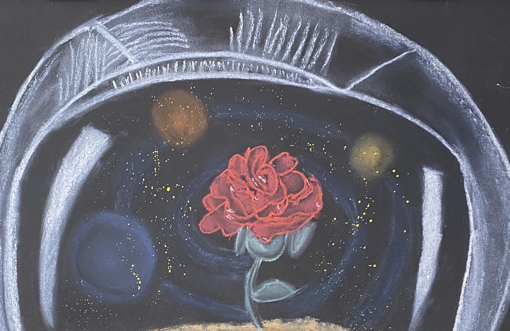 Red rose blooming inside an astronaut helmet filled with stars and planets, in pastel on black paper