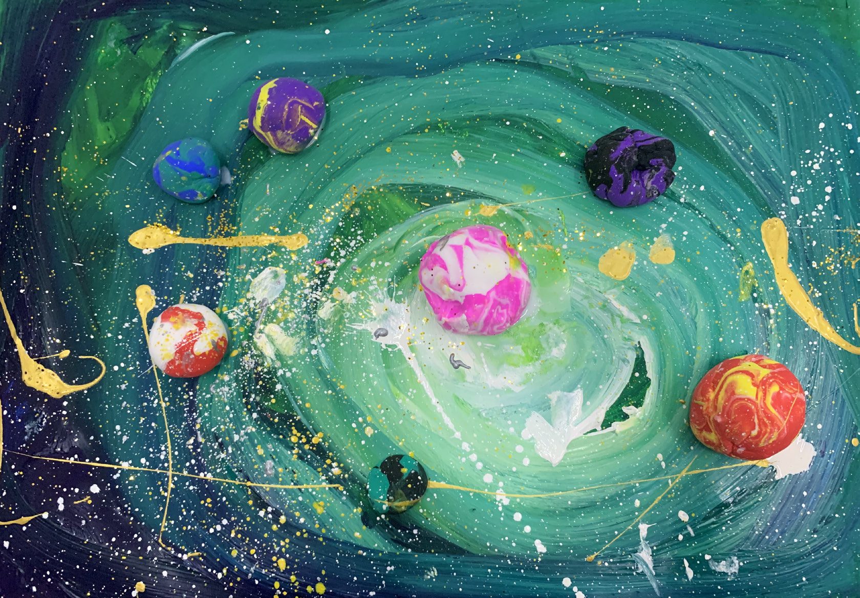 Starry Sky — acrylic swirl galaxy with marbled clay planets, Ages 3–4
