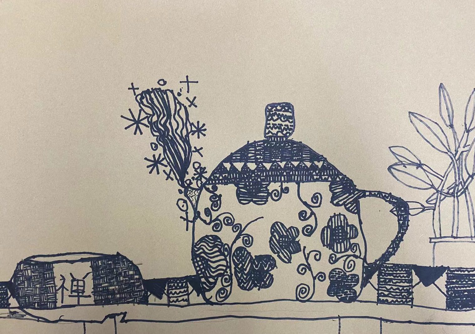 Teapot covered in fine line patterns on a shelf of decorated tiles, drawn in blue marker on kraft paper