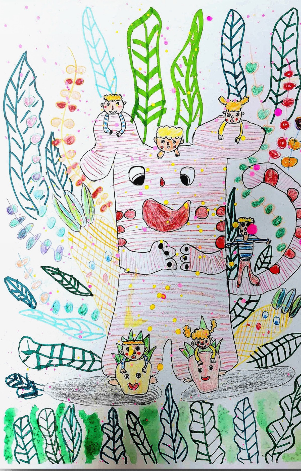 Line drawing of a giant striped teapot with a smiling face, tiny children and leafy plants filling the scene