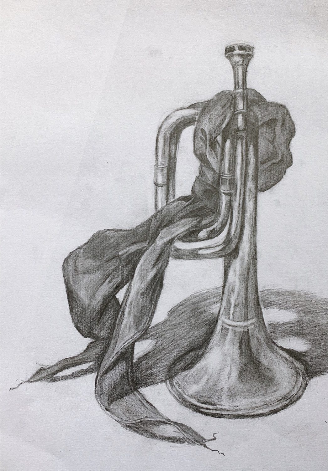Pencil sketch of a trumpet standing upright with a silk scarf draped through its tubing, fully shaded with a cast shadow