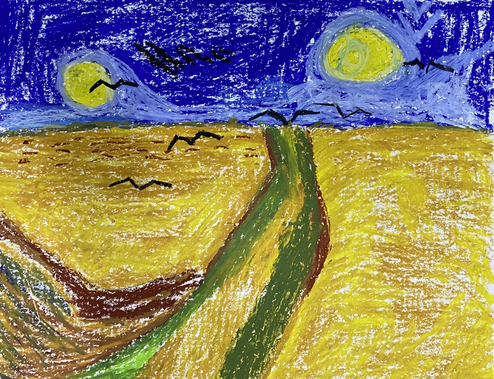 Oil pastel wheatfield with crows and two moons in swirling strokes, after Van Gogh