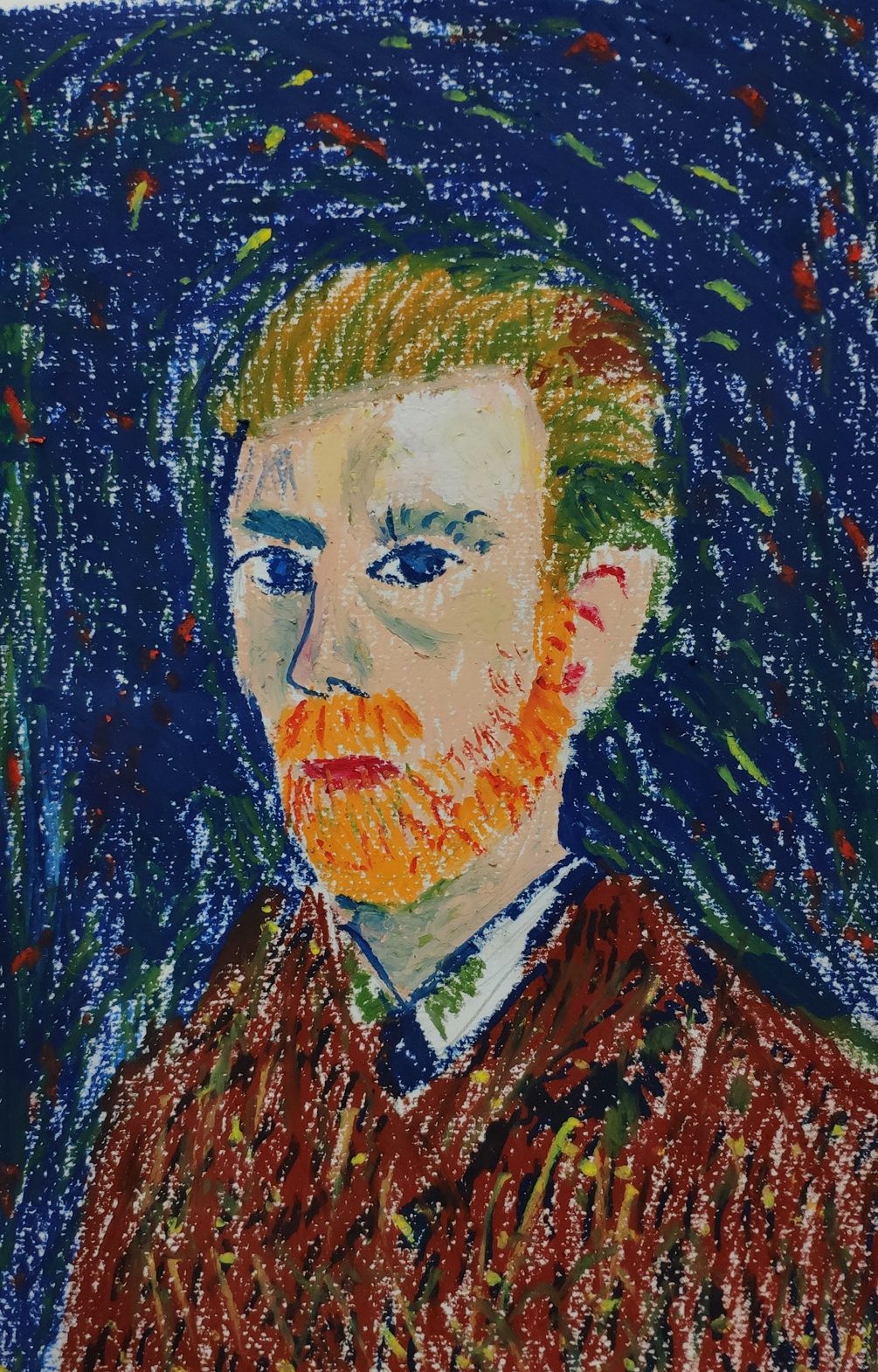 Oil pastel study after Van Gogh's self-portrait, an orange beard against a streaked blue background
