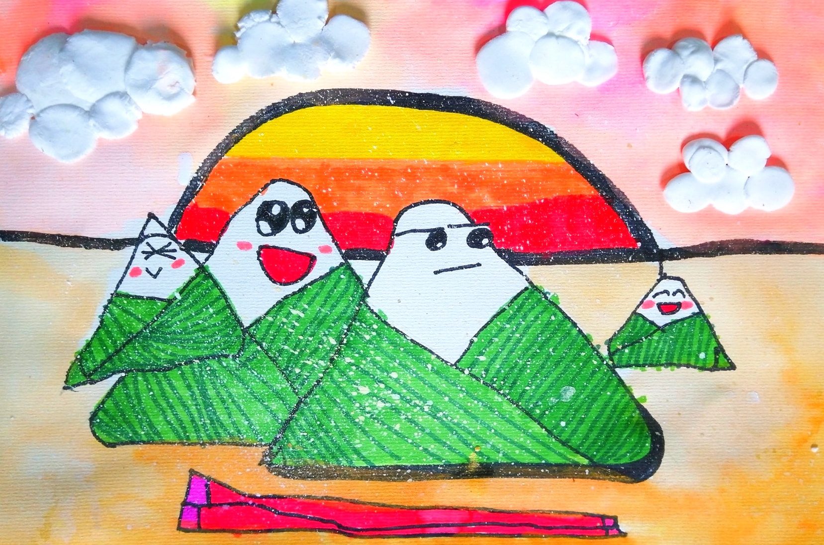 Smiling zongzi dumplings stacked like mountains before a striped rising sun, under puffy clay clouds