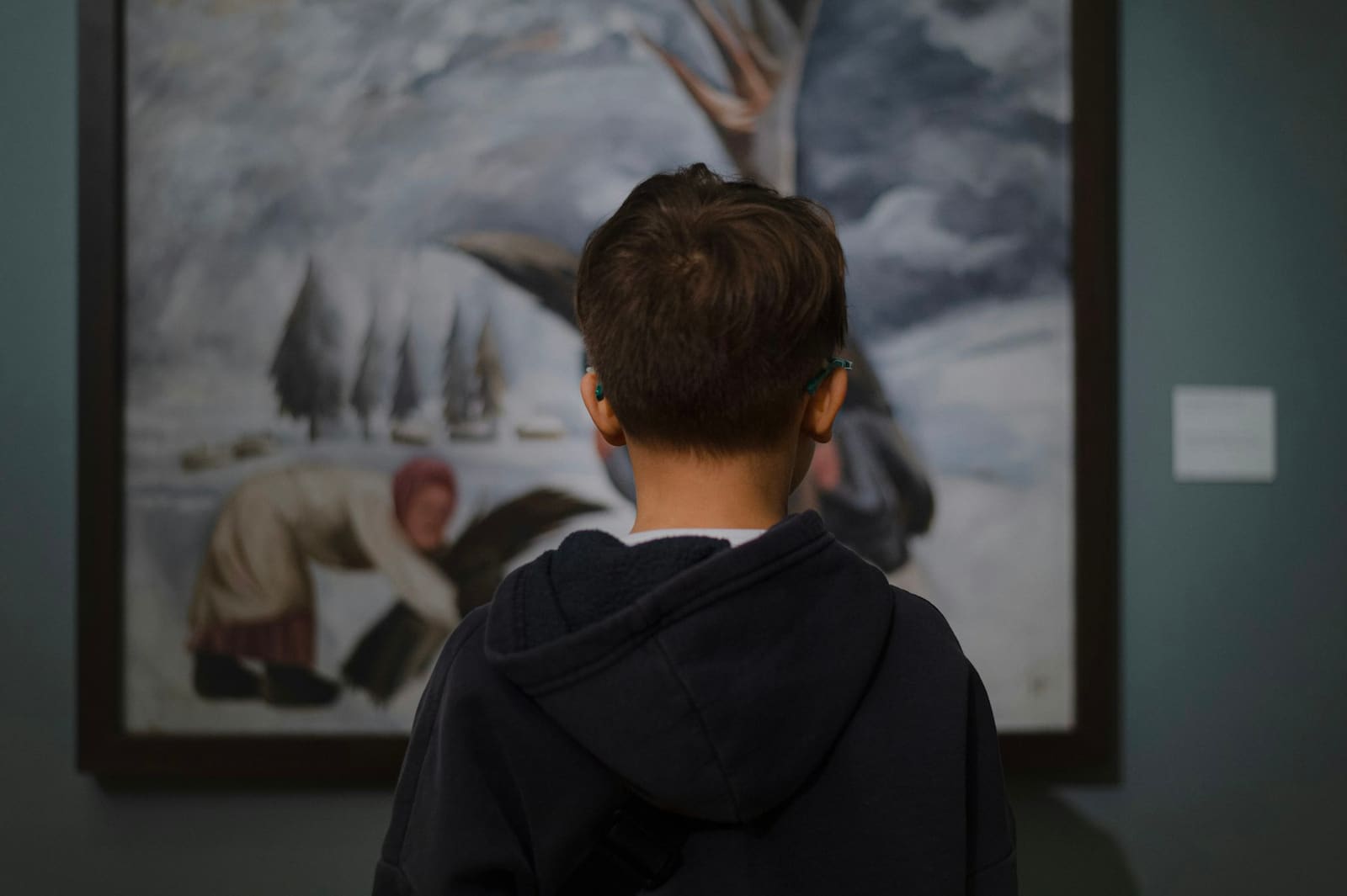Boy in a hooded jumper standing in front of a large framed winter landscape painting in a gallery