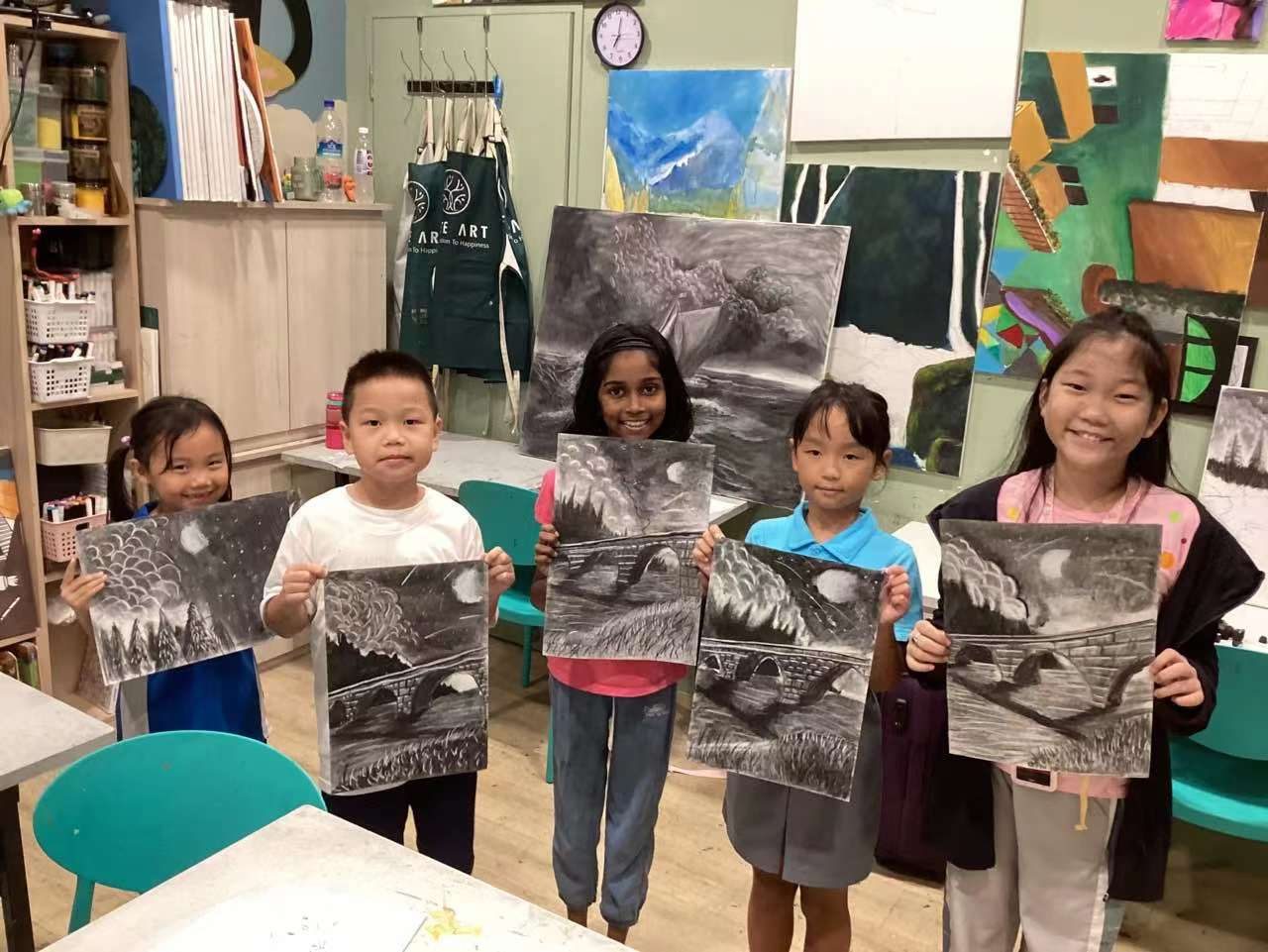 Five children holding charcoal drawings of a stone bridge under the moon, each version different