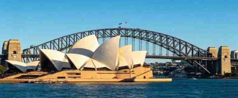 Sydney Opera House with the Harbour Bridge behind it on a clear day