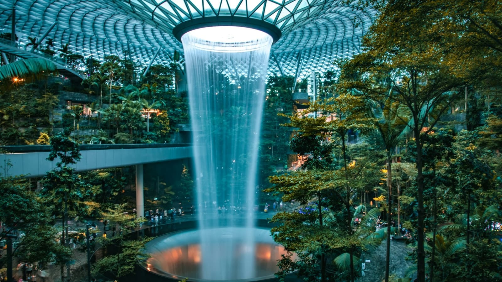 The indoor waterfall vortex at Jewel Changi Airport