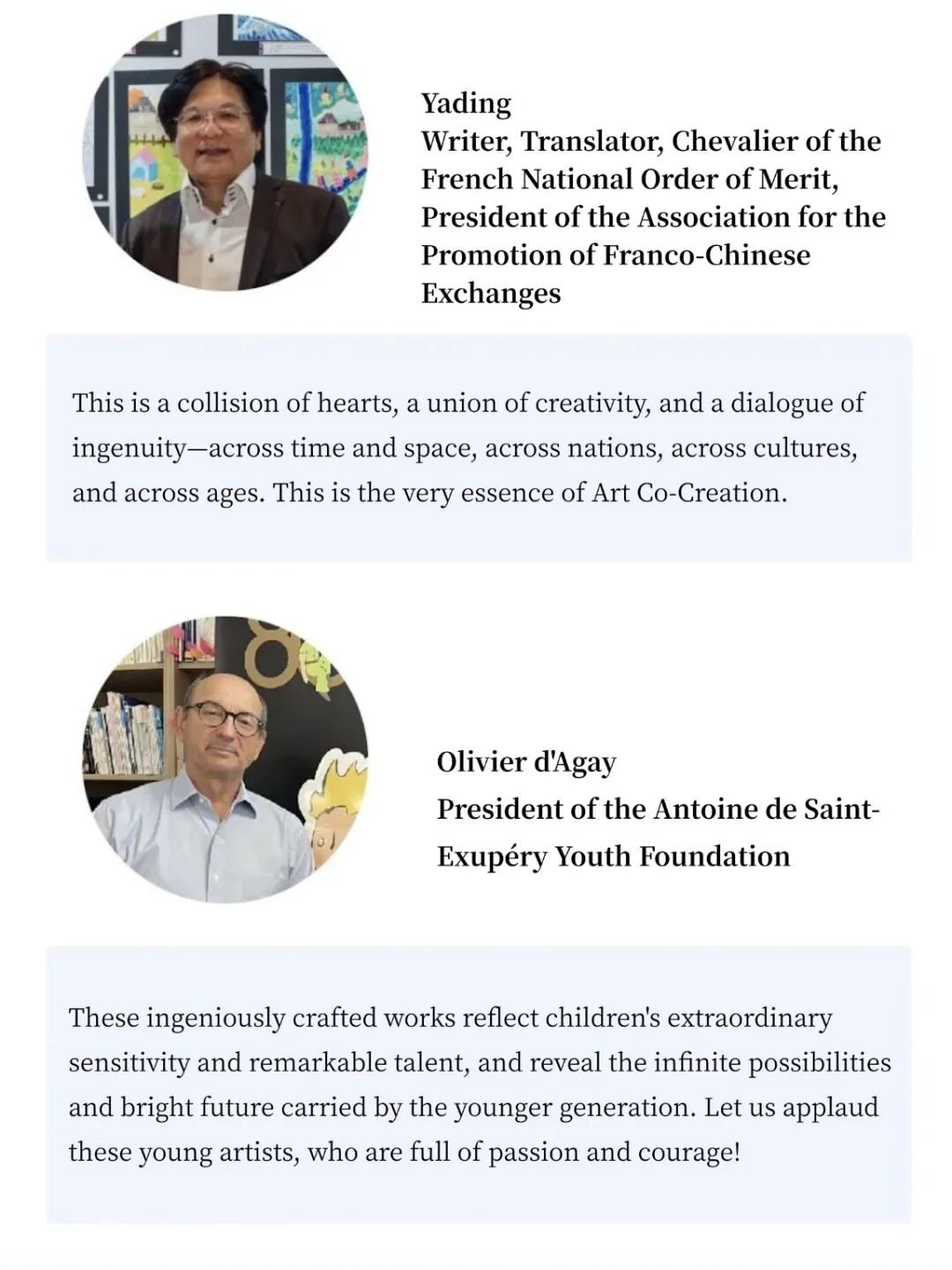 Messages from Yading and Olivier d'Agay in English