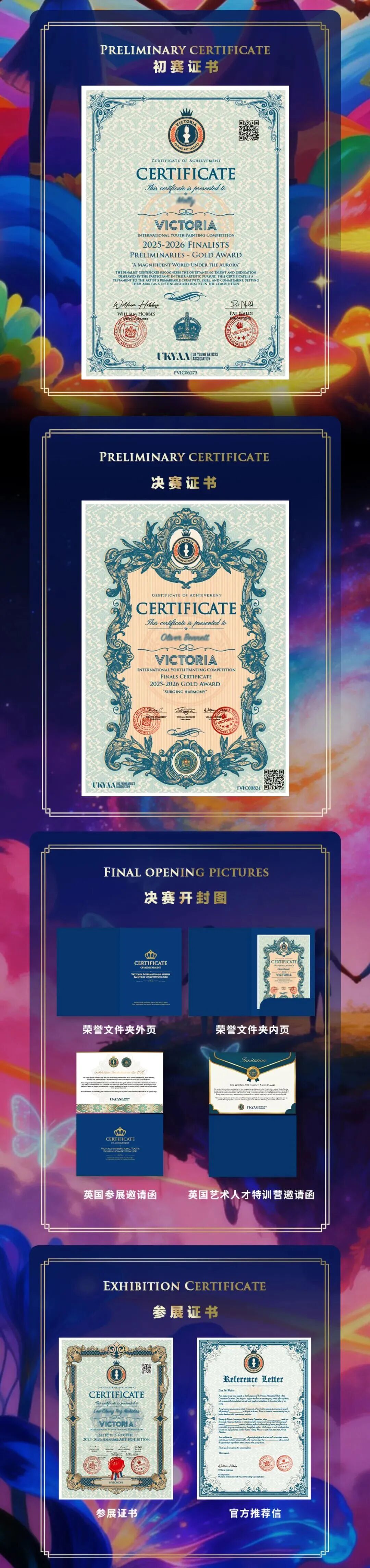 Examples of preliminary, final and exhibition certificates, invitations and recommendation letters